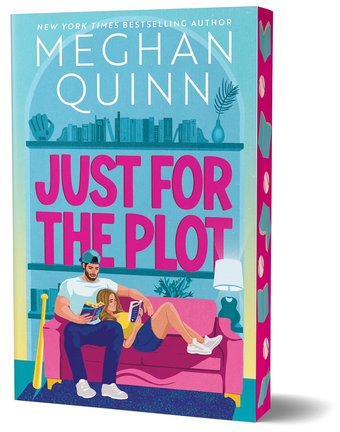 Book cover — Just for the Plot by Meghan Quinn, a couple reading together on a pink couch