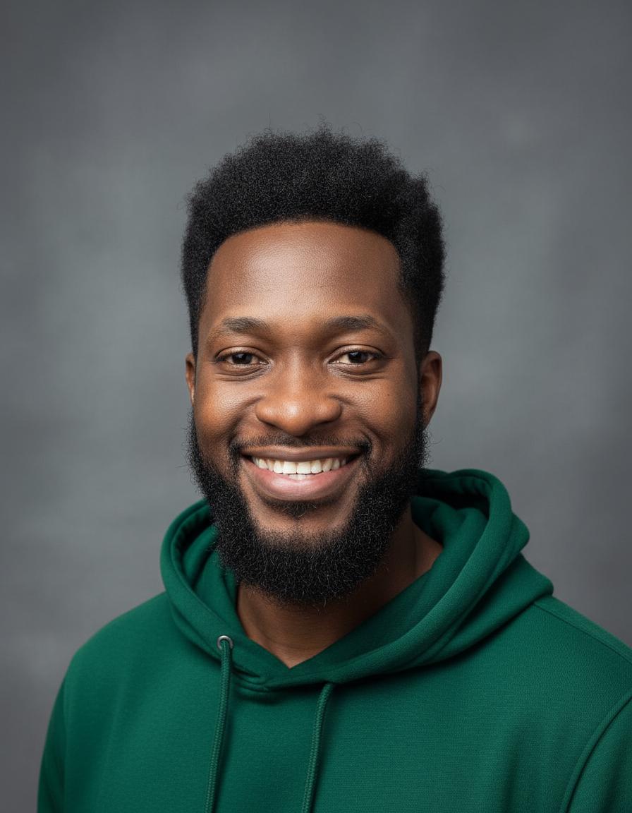 Jeff C. Obianuo smiling in a green hooded sweatshirt against a soft grey backdrop