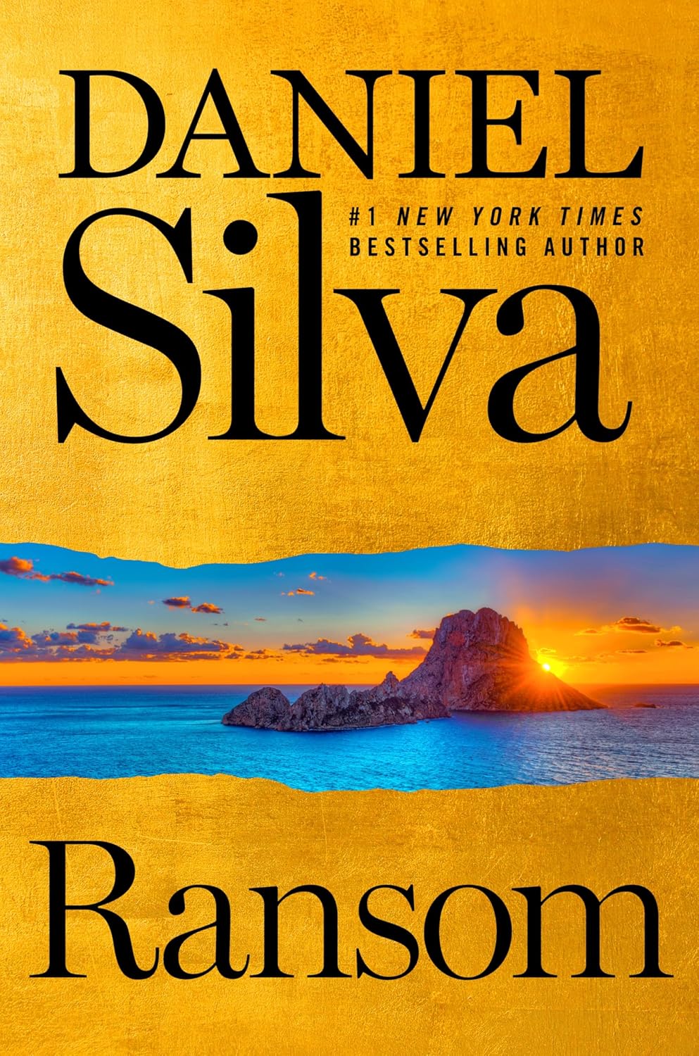 Book cover — Ransom by Daniel Silva, a sunset over a rocky island in the sea