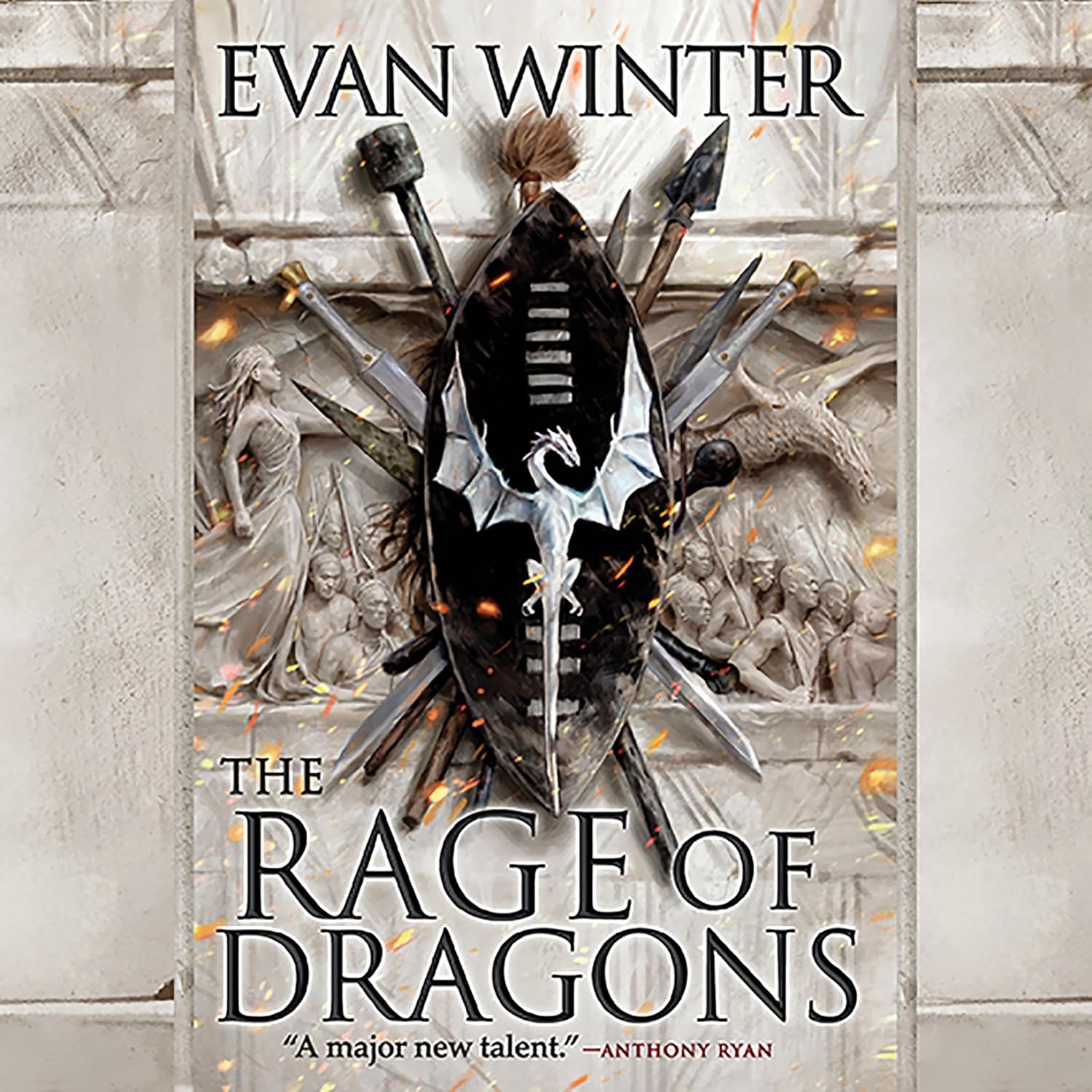 Book cover — The Rage of Dragons by Evan Winter, a spear-pierced shield with a silver dragon