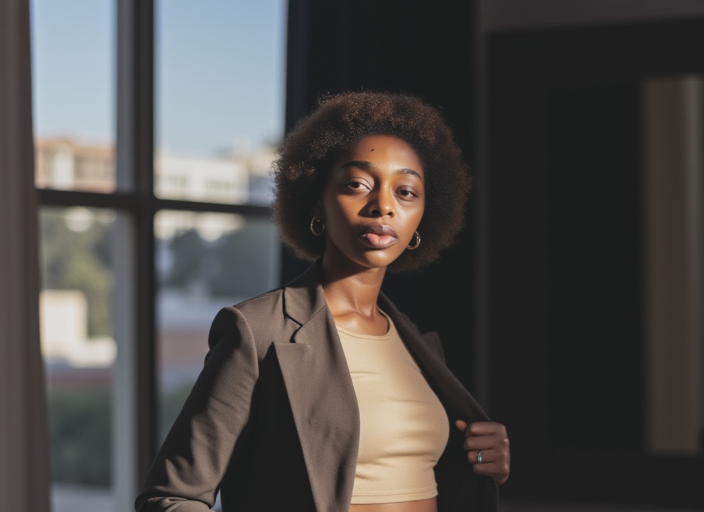 Olivia C. Ugwuowo in a tailored blazer, standing by a bright window in warm daylight