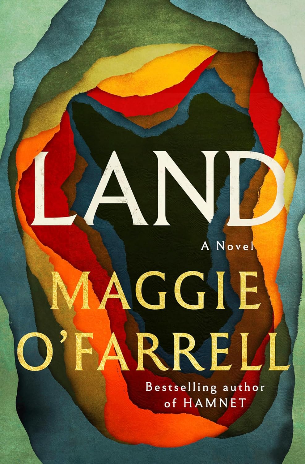 Book cover — Land by Maggie O'Farrell, a torn paper collage of Africa in green, red and gold