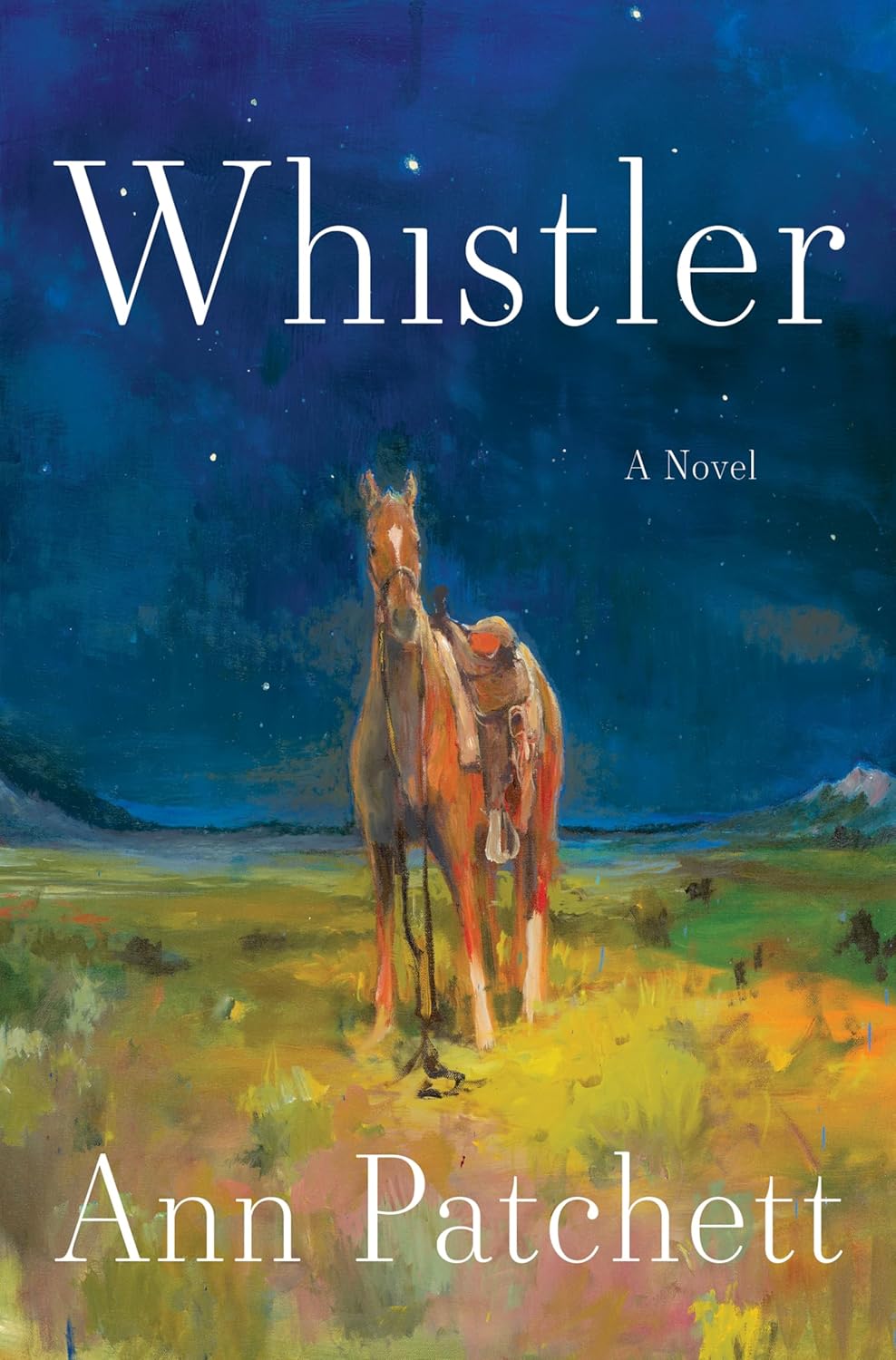 Cover of Whistler by Ann Patchett — a horse standing in a field under a starry blue night sky